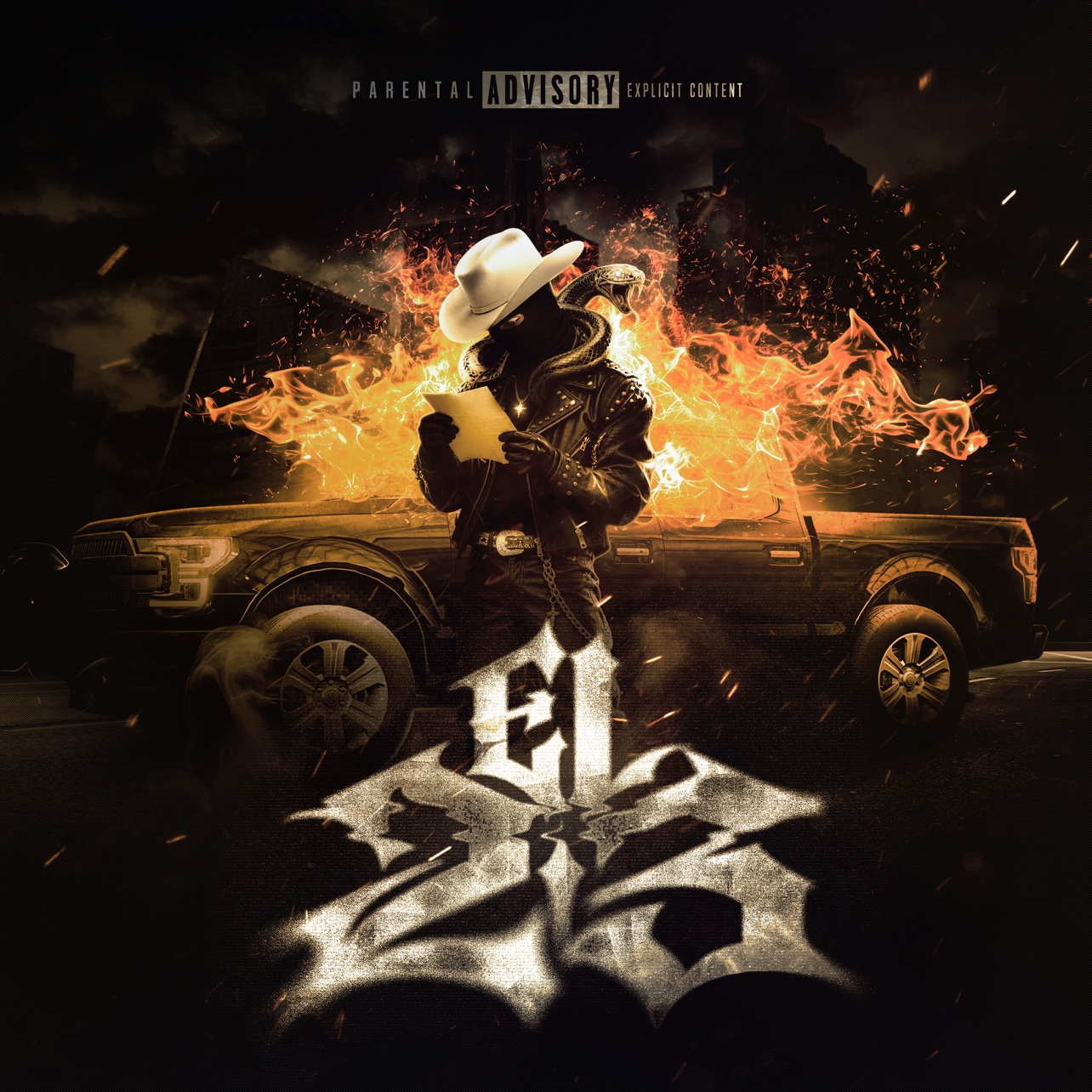 Portada oficial del sencillo “El 23” de Javi Ice: una figura de sombrero y vestimenta de cuero frente a una camioneta en llamas